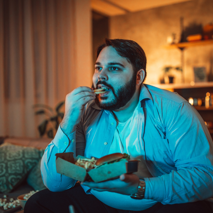 lonely man eating TV dinner at home