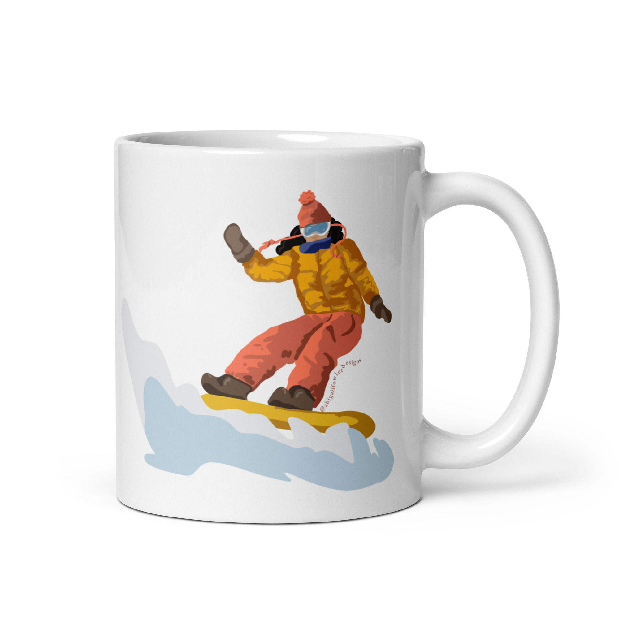 Tan and Curly Brunette Snowboarder White glossy mug