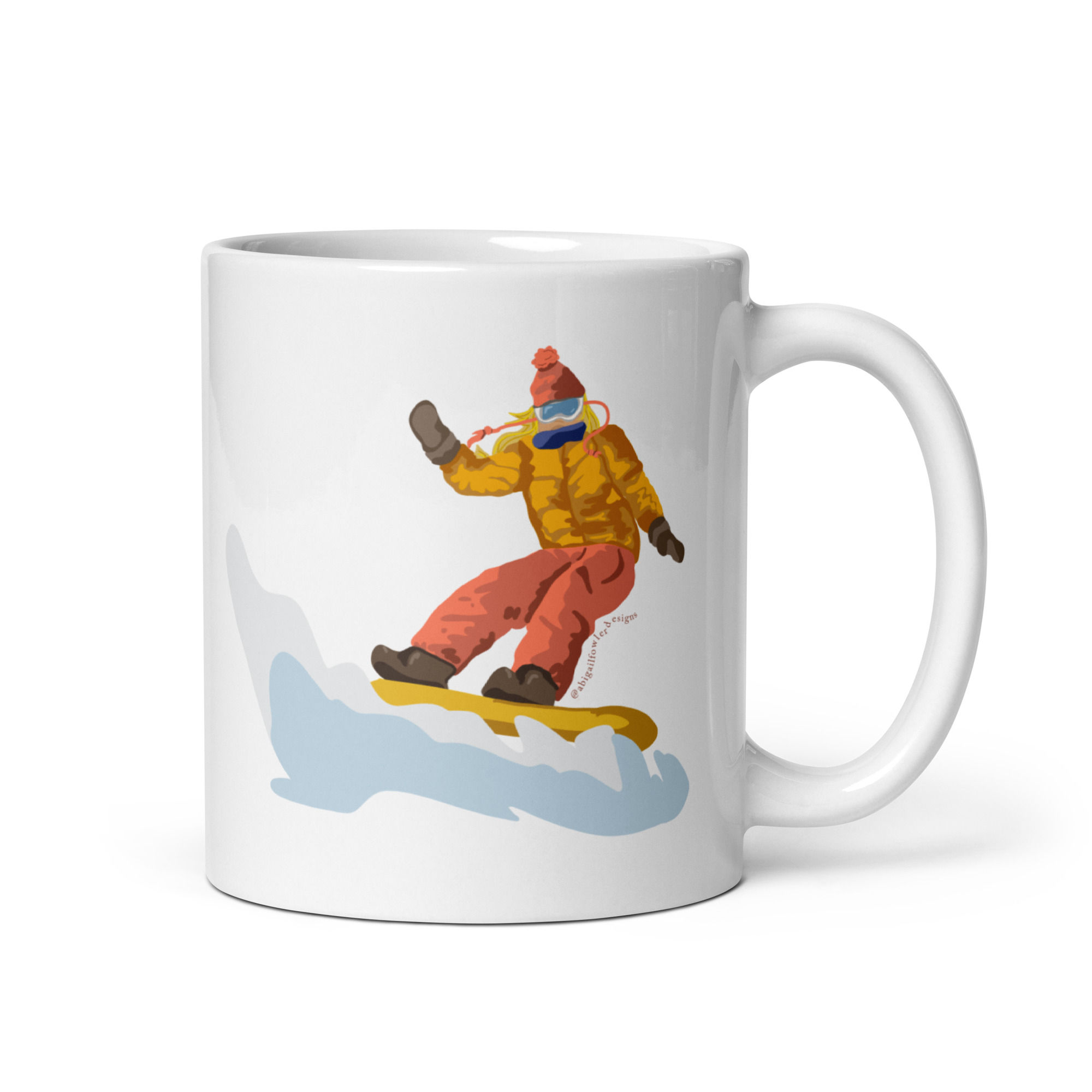 Tan and Blonde Long Hair Snowboarder White glossy mug