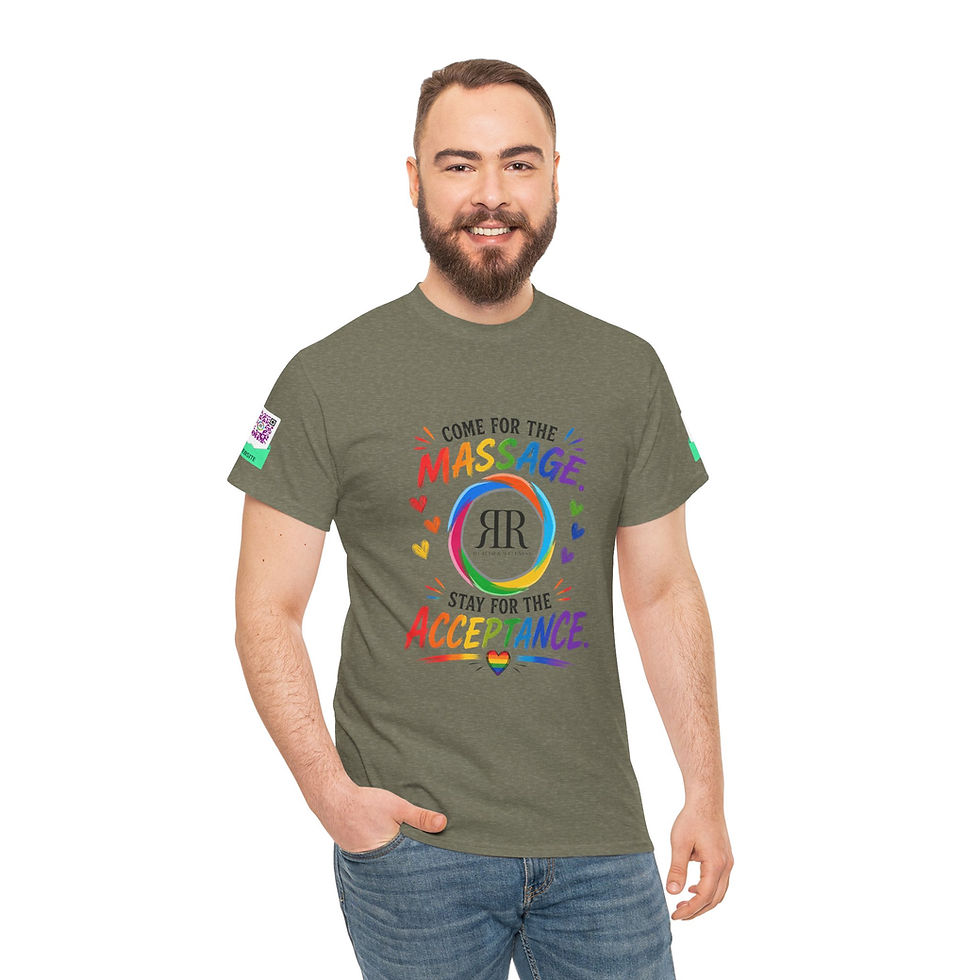Thumbnail: T-Shirt — "Come for the Massage, Stay for the Acceptance" Rainbow Wellness Tee