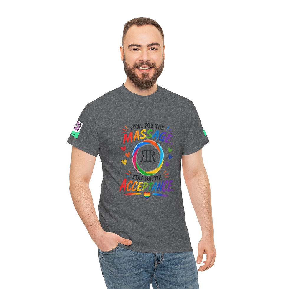 Thumbnail: T-Shirt — "Come for the Massage, Stay for the Acceptance" Rainbow Wellness Tee