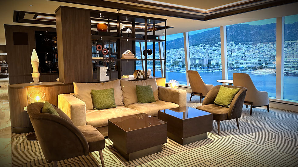 Elegant lounge aboard a luxury cruise ship, showcasing the comfort, space, and premium amenities available for private wedding cruise charters and exclusive celebrations.