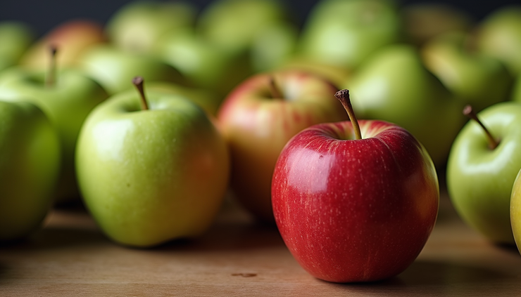Eye-level view of a single bright red apple among green apples on a wooden table