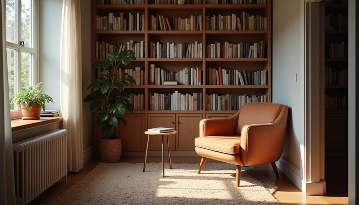 High angle view of a cozy corner with a small bookshelf and a comfortable chair