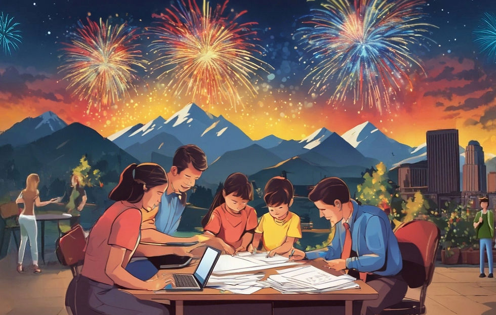 Men and women helping immigrants with children prepare legal documents office with mounta