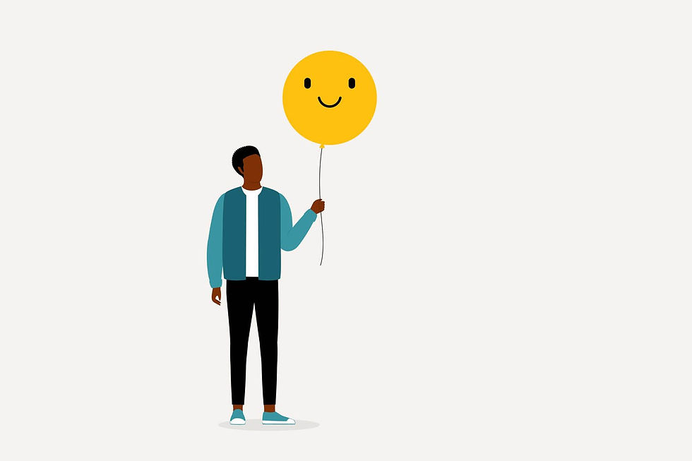 Illustration of young black man holding a yellow smiley face balloon