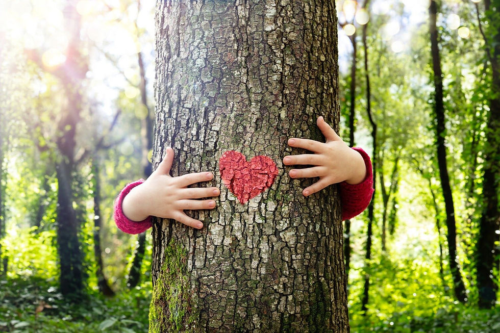 Arms hugging a tree trunk with a painted red heart.