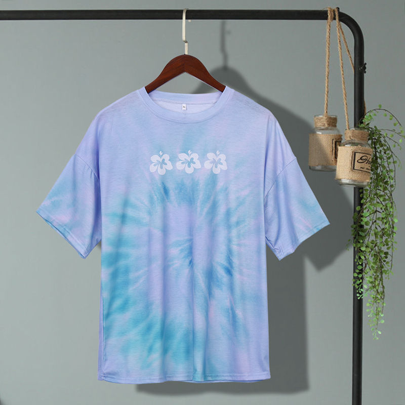 Thumbnail: Blue Floral Print Women's T-Shirt - Casual Short Sleeve