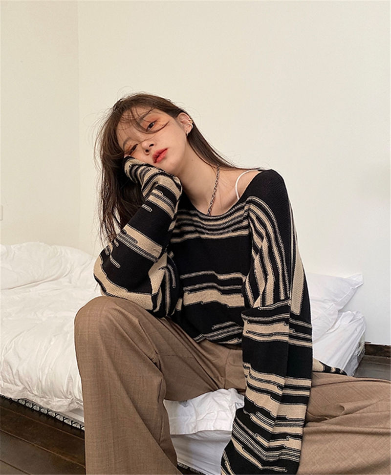 Thumbnail: Punk Gothic Hip-Hop Striped Knitted Sweater for Women