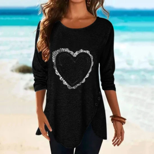 Irregular Long-Sleeved Button T-Shirt with Love Print