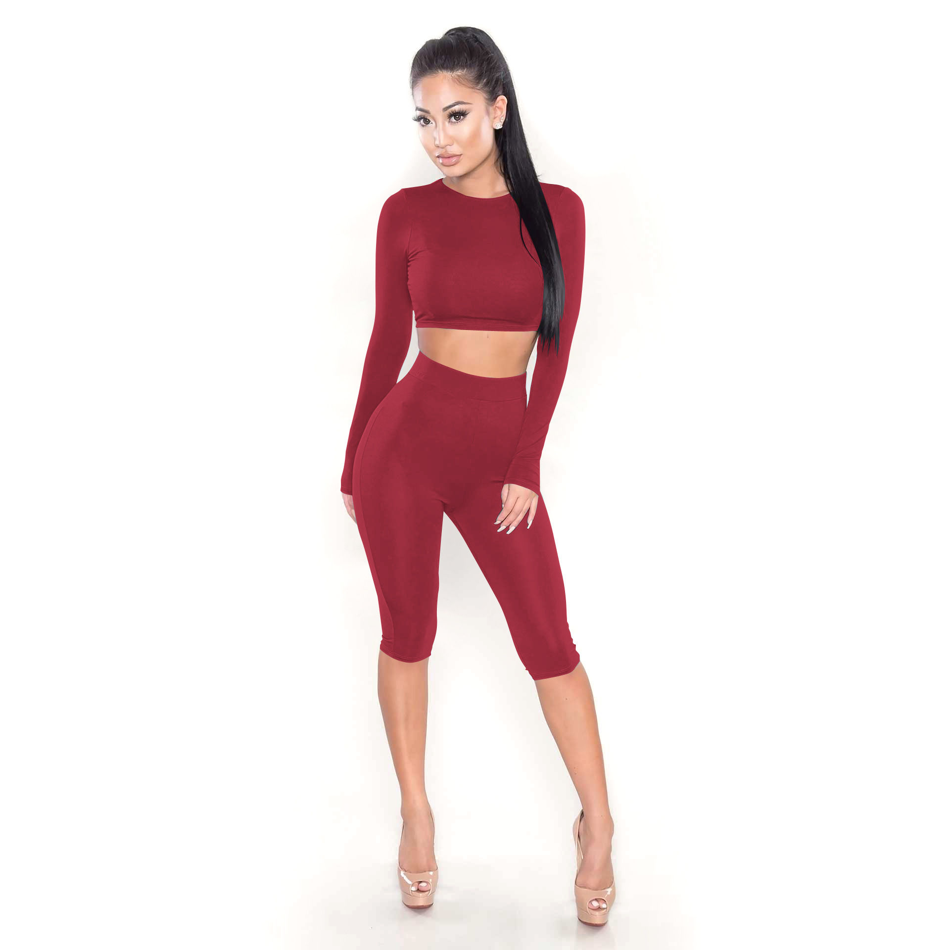 Casual Long Sleeve Crop Top and Yoga Shorts Set