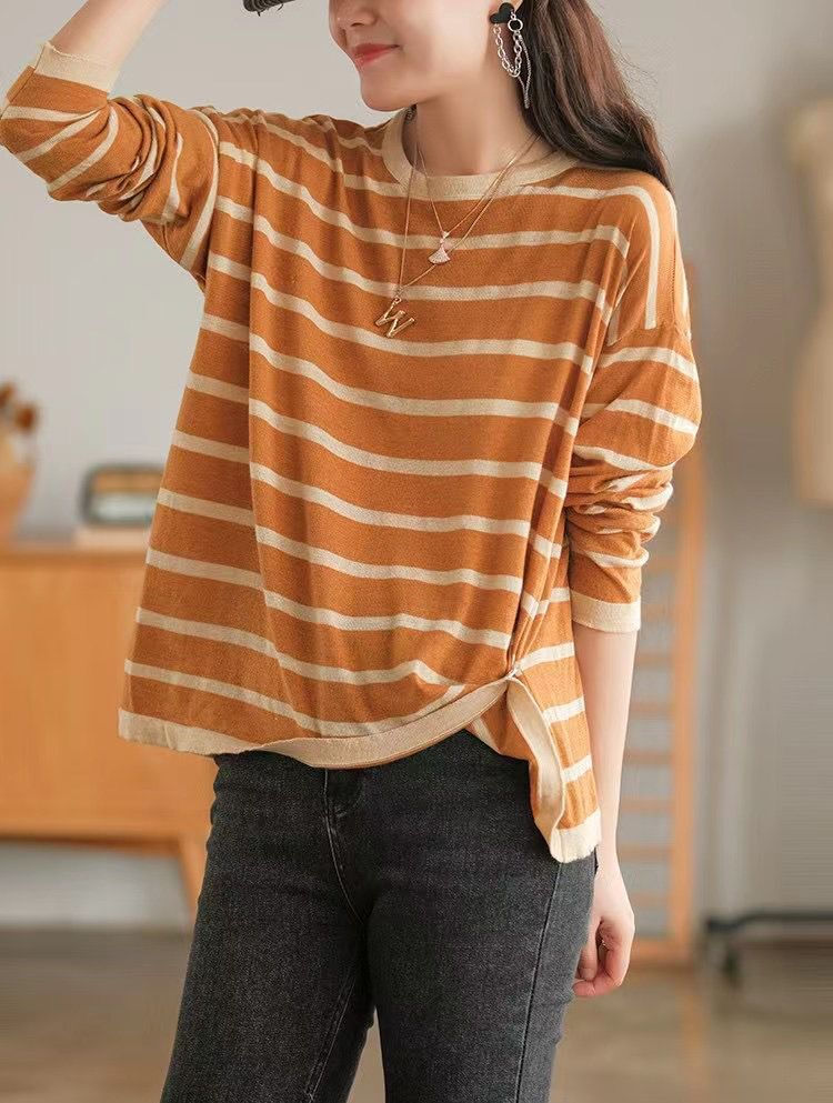 Autumn Striped Long-Sleeved Round Neck Top