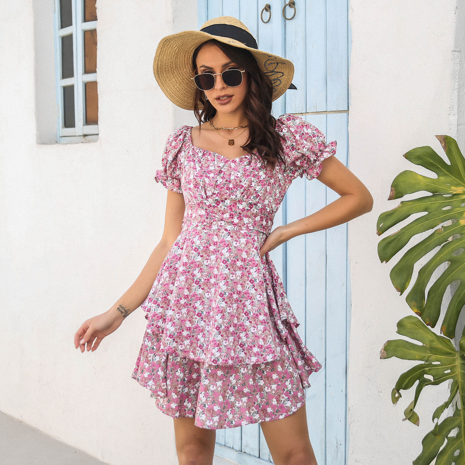 European Style Floral Dress with Puff Sleeves for Women