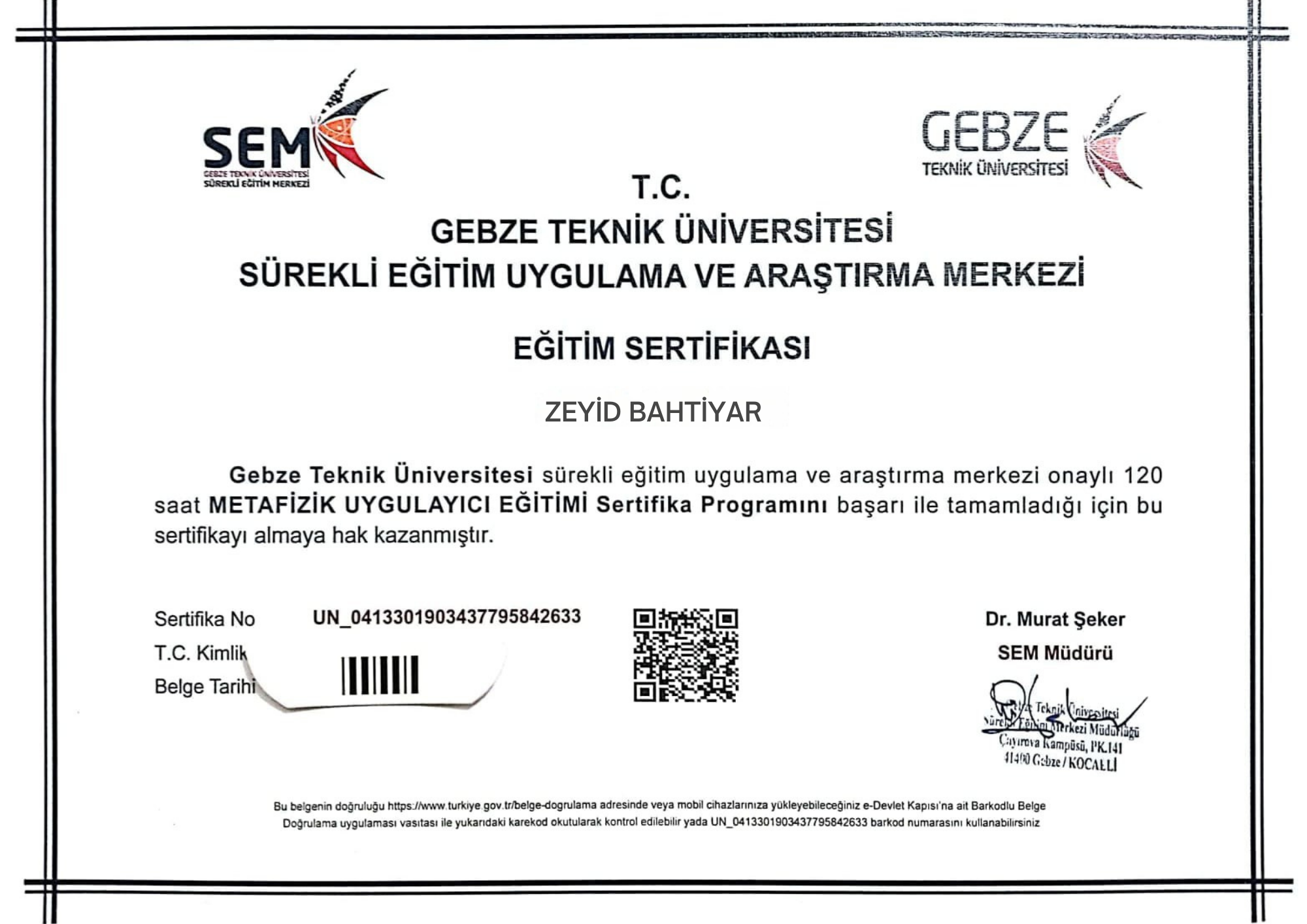 Metafizik Uygulayıcı Eğitimi Sertifikası sertifika görseli