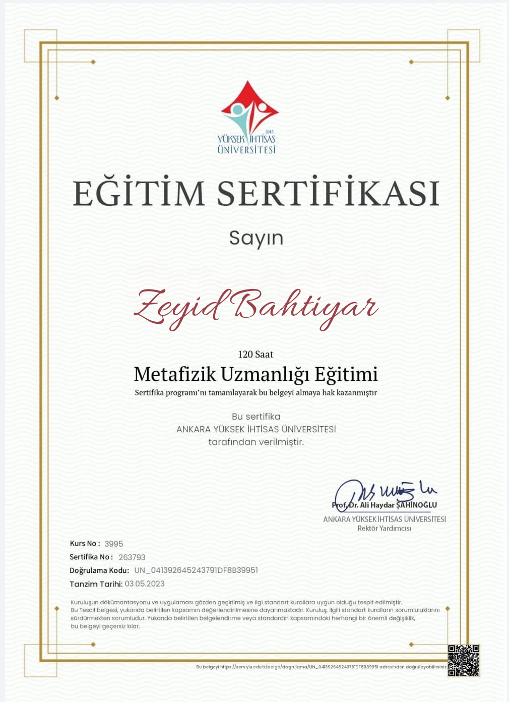 Metafizik Uzmanlığı Eğitimi sertifika görseli