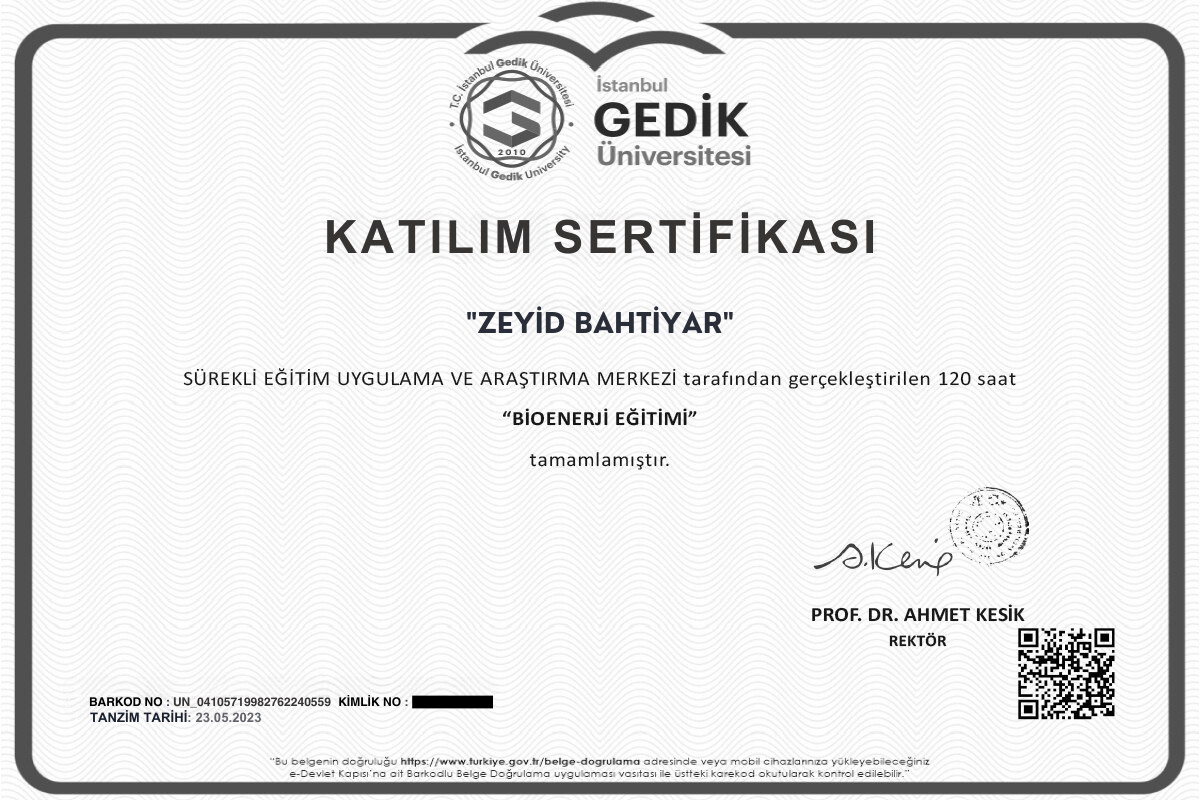 Bioenerji Eğitimi Sertifikası sertifika görseli