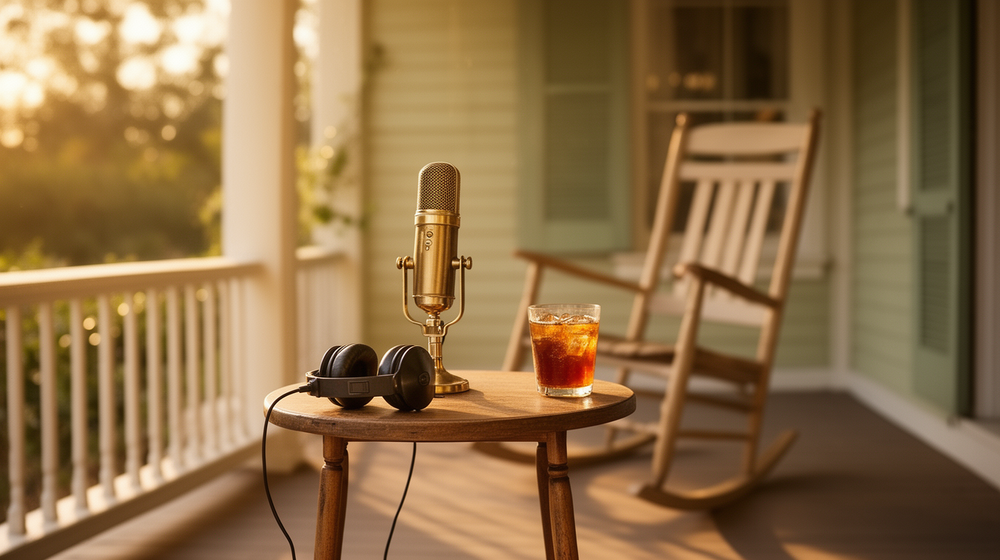 A podcast microphone and headphones on a porch table at golden hour