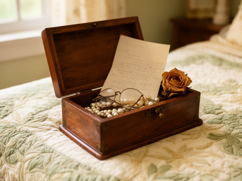 An antique keepsake box on a hand stitched quilt holding a letter, pearls and reading glasses