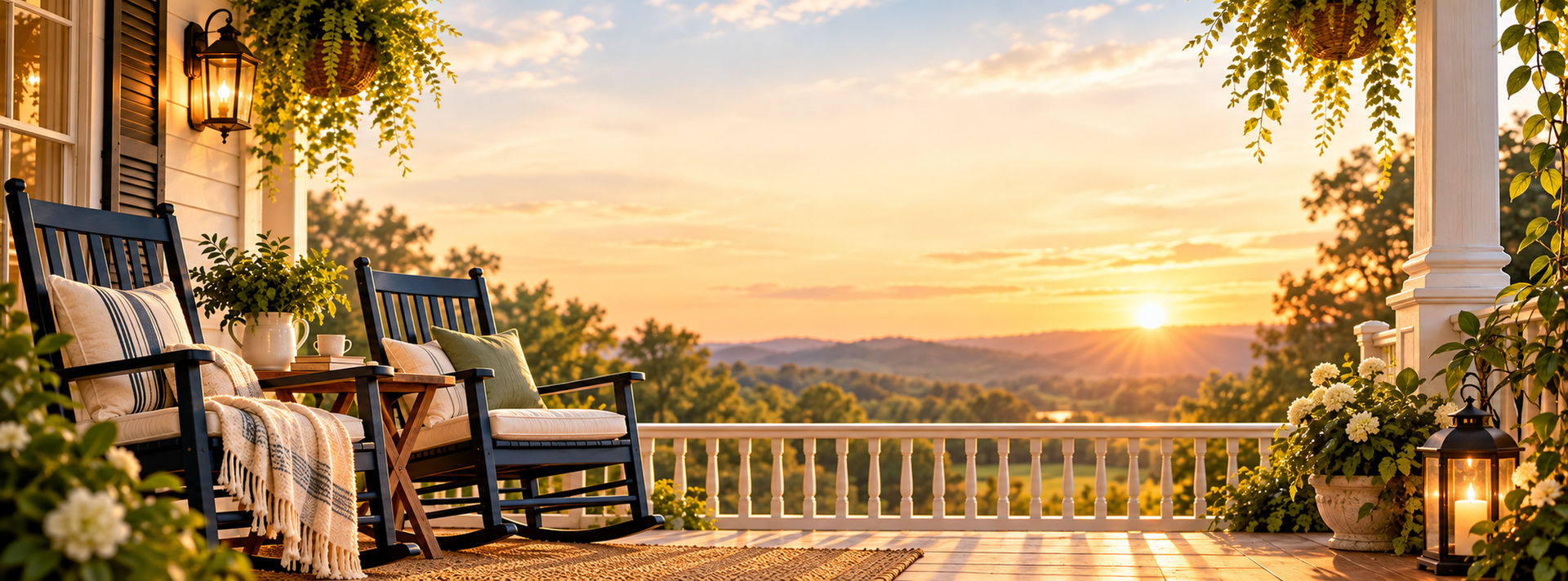 Rocking chairs and lanterns on a Southern porch overlooking a golden sunset