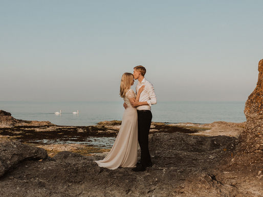 Brudpar står och myser tillsammans vid vattnet samtidigt som två svanar glider förbi
