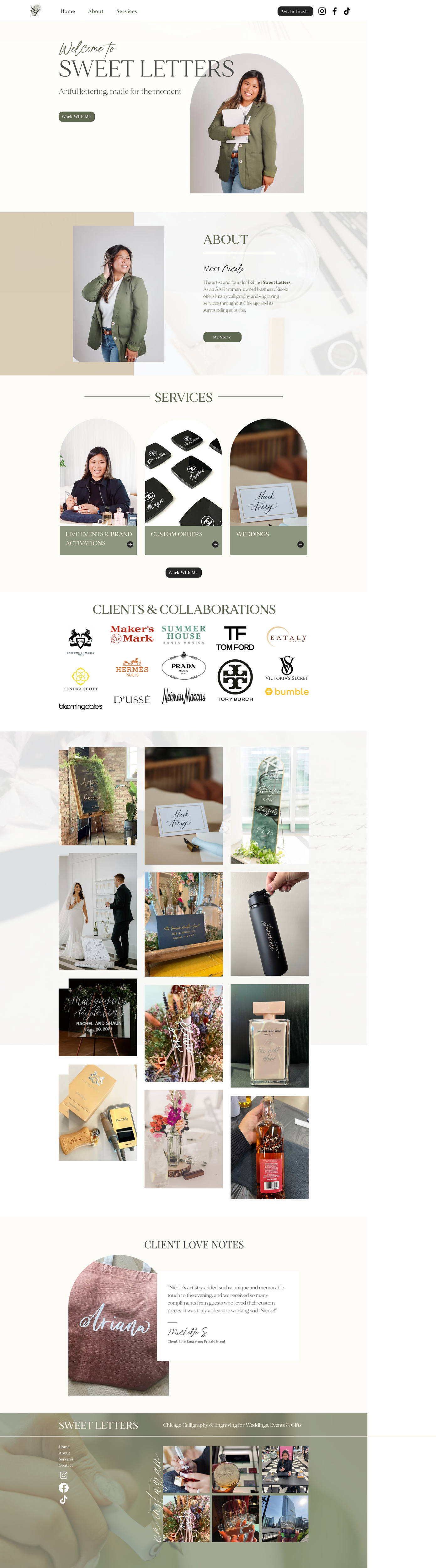 Sweet Letters Calligraphy homepage showing core services, about us, clients and testimonials
