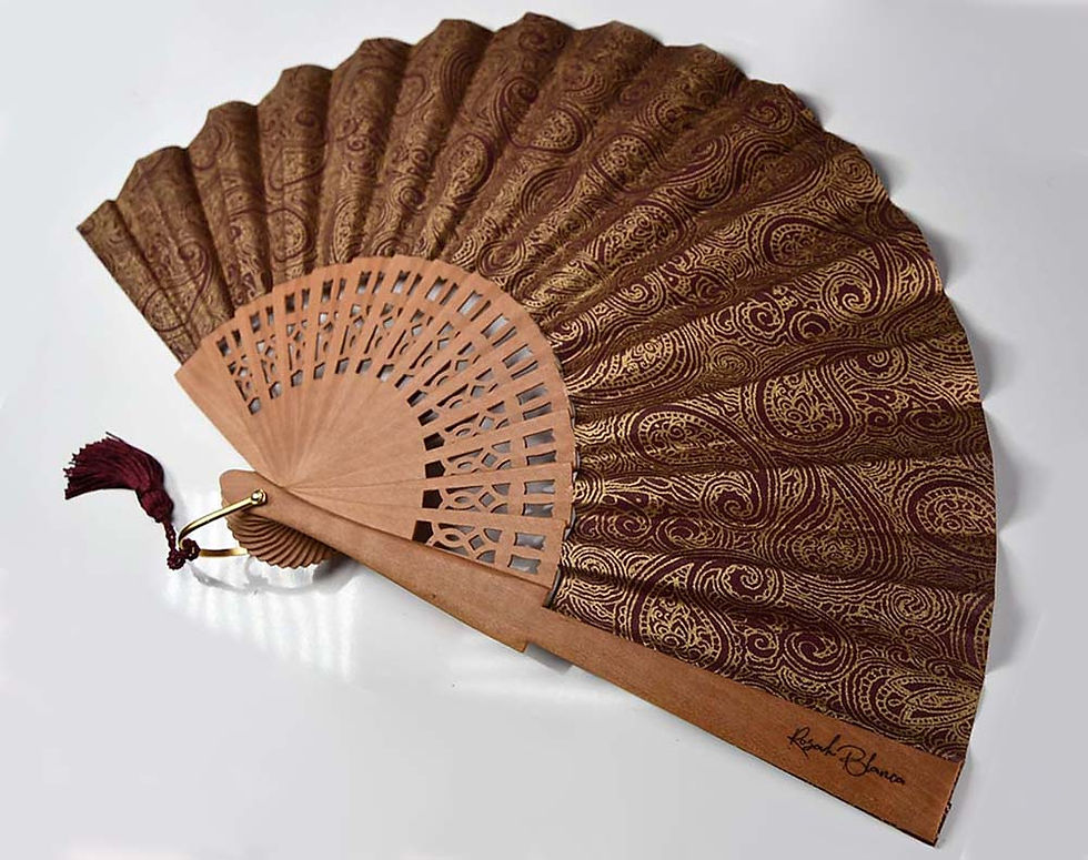 Miniature : Irani bordeaux et doré - éventail en bois de poirier à motif Paisley