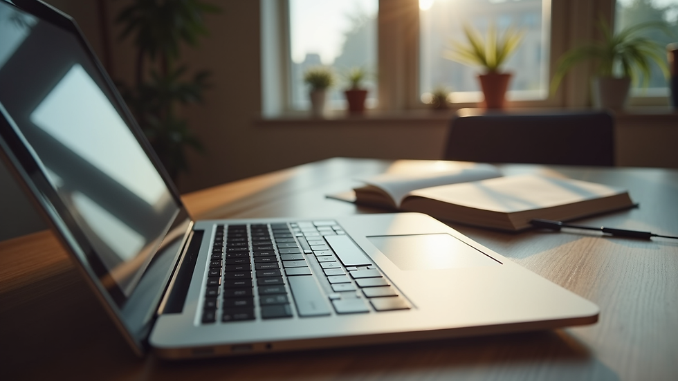 Eye-level view van een bureau met een tablet waarop een boekhoudapp zichtbaar is