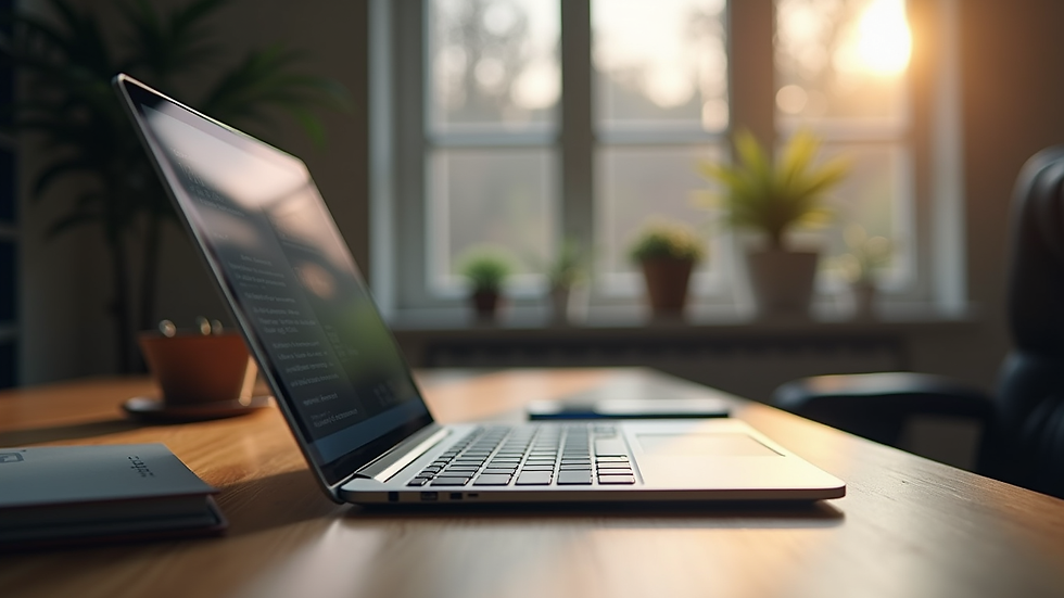 Eye-level view van een bureau met een tablet waarop een boekhoudapp zichtbaar is