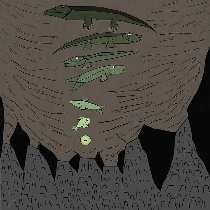 A drawing of evolution taking place at the bottom of the ocean in deep-sea vents
