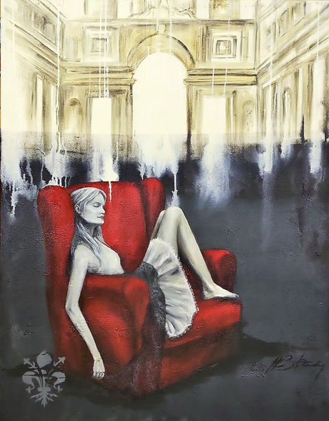 Frau in rotem Sessel, Augen geschlossen, Florenz 80:100