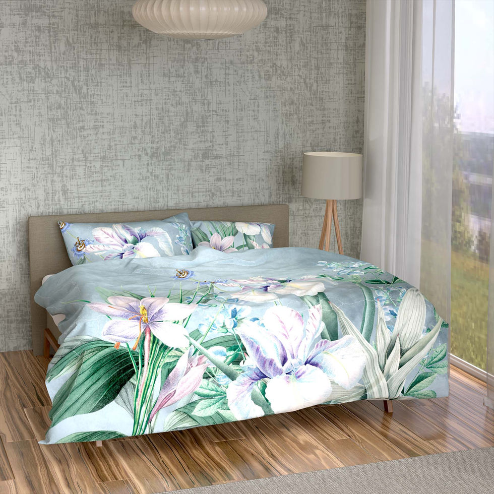 Detailaufnahme der floralen Muster auf der Bettwäsche Iris mit Frühlingsfarben