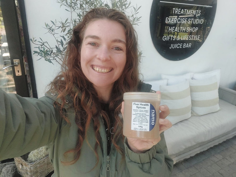 Duhne holding Namo's Famous Five Health Spice