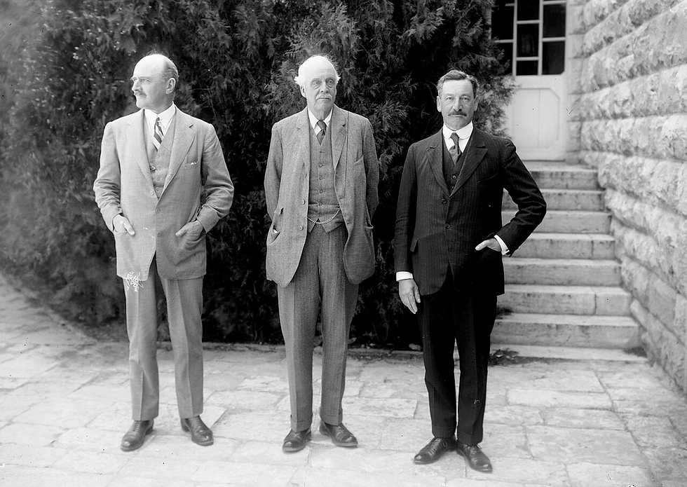 (From right to left): Herbert Samuel, Arthur James Balfour, and General Edmund Allenby at the Augusta Victoria complex on the day of the opening ceremony. Photo: American Colony (Jerusalem). Photo Dept., photographer, Public domain, via Wikimedia Commons.