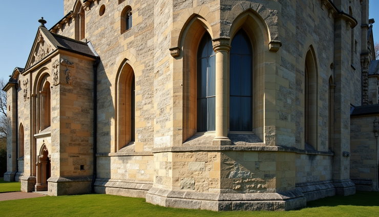 Vue rapprochée d’une façade en pierre d’un château ancien avec fenêtres à meneaux