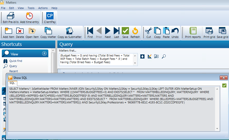 Screenshot of ProLaw Matters Query and Show SQL window
