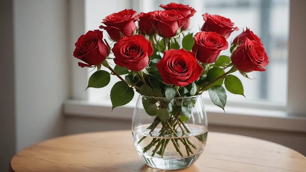 Eye-level view of red roses in a glass vase