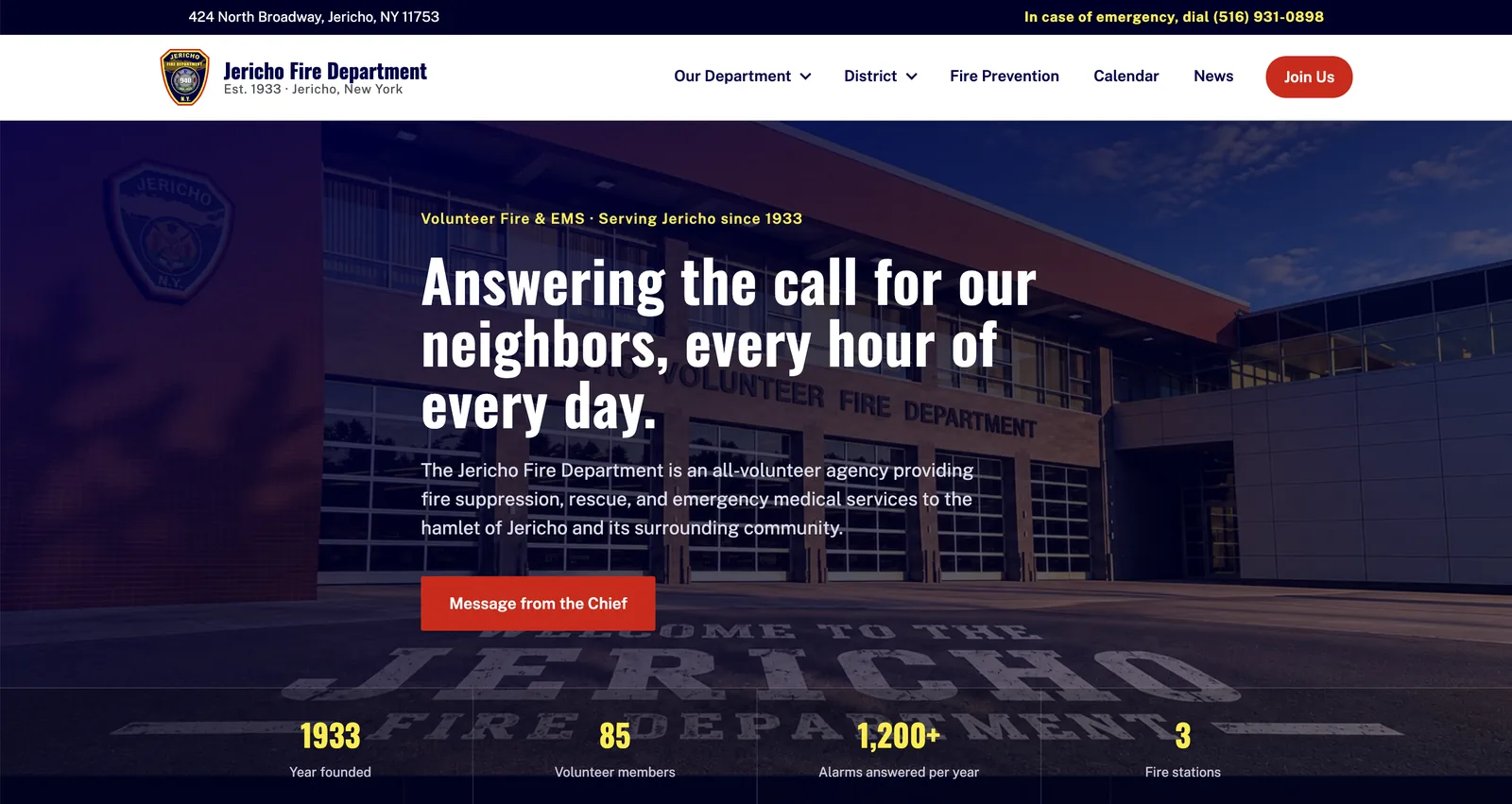 Homepage of the Jericho Fire Department website built by Inspectd