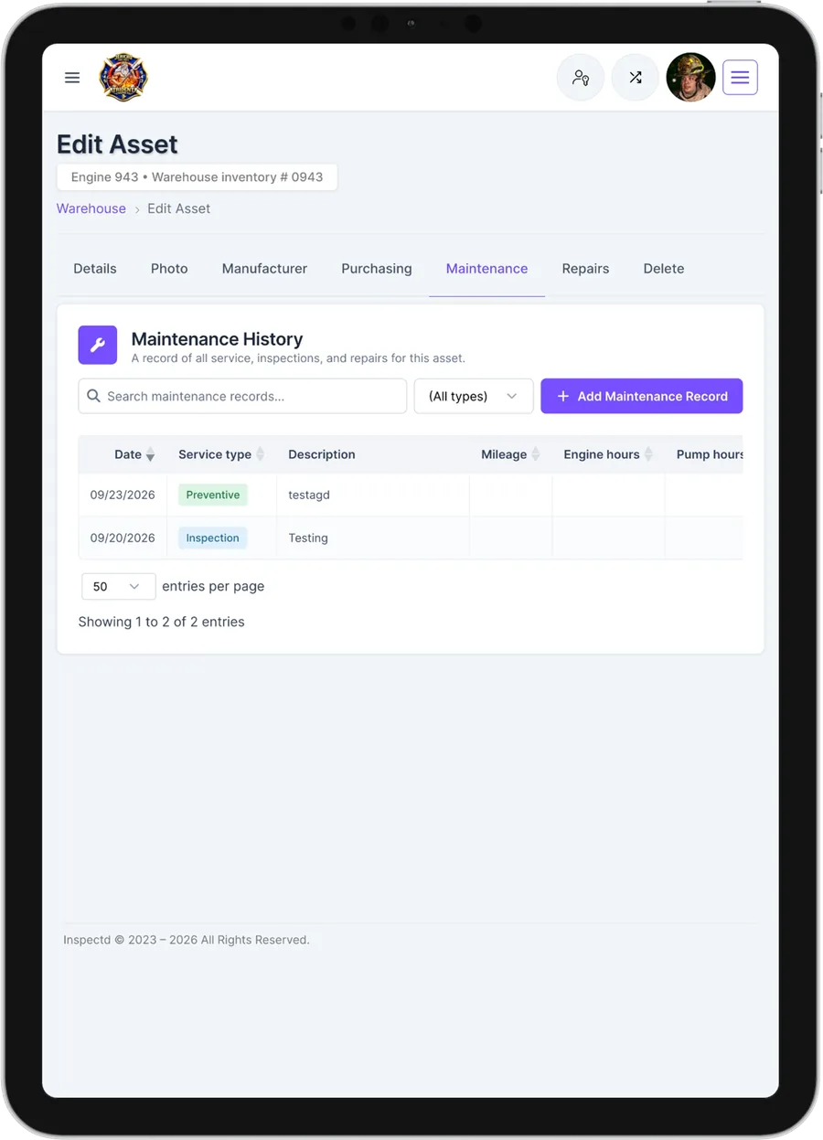 Maintenance history for Engine 943 on an iPad