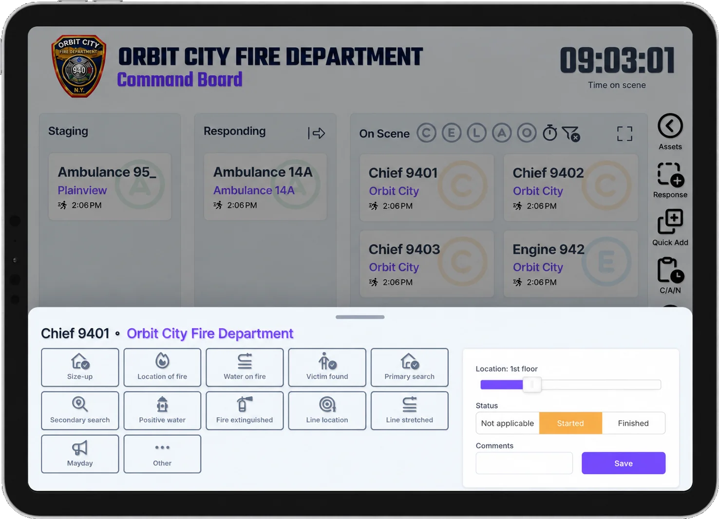 Inspectd digital command board on an iPad, showing units in staging, responding and on scene