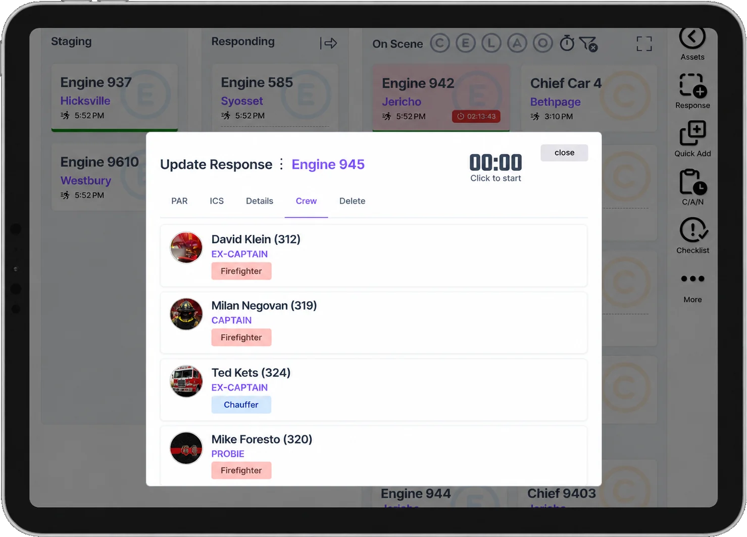 Crew list for Engine 945 on the command board iPad, showing each member, rank and riding position