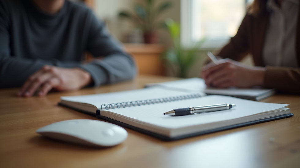 Close-up view of a notebook and pen on a table during a counseling session