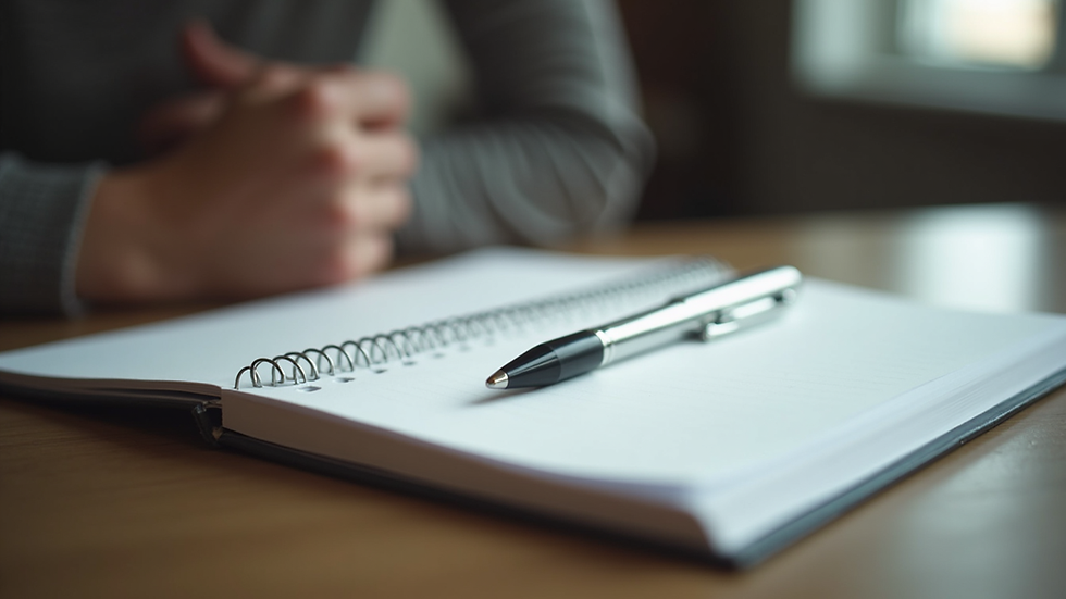 Close-up view of a notebook and pen on a table during a therapy session