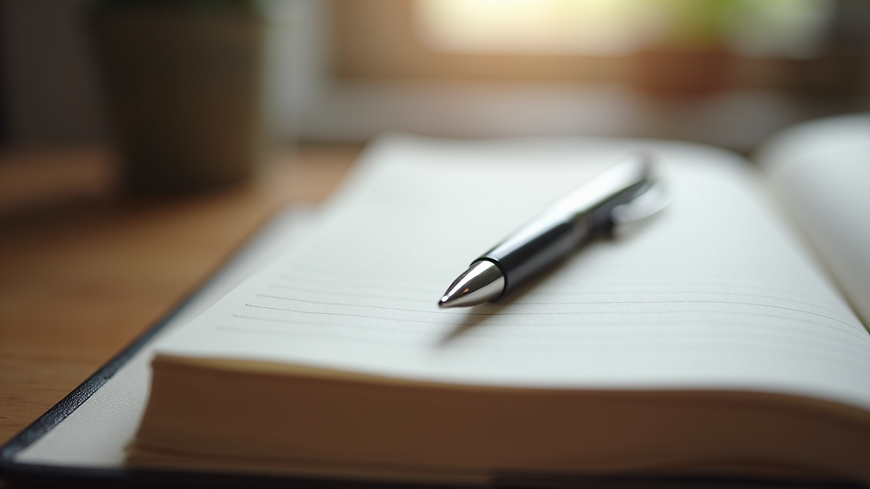 Close-up view of a journal and pen on a wooden table, symbolizing reflection and growth