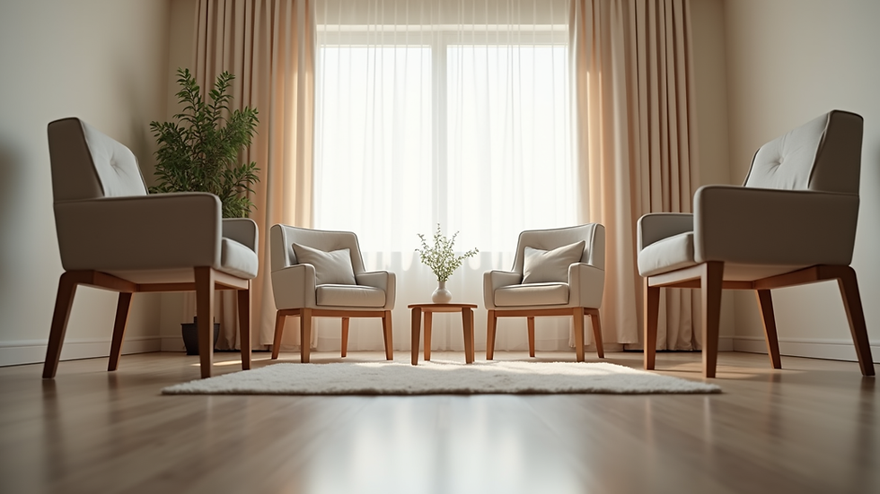 Eye-level view of a calm therapy room with chairs arranged in a circle