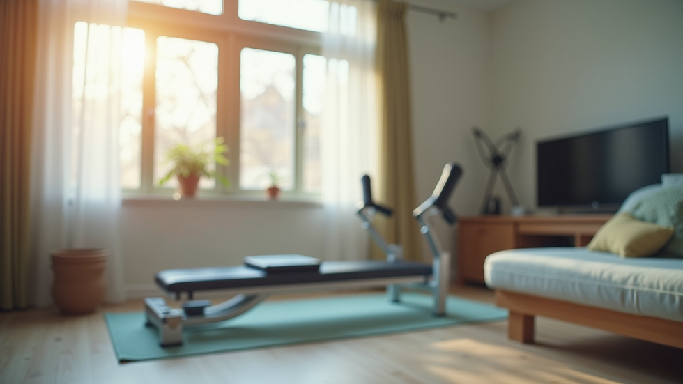 Close-up view of physiotherapy exercise equipment arranged in a home setting