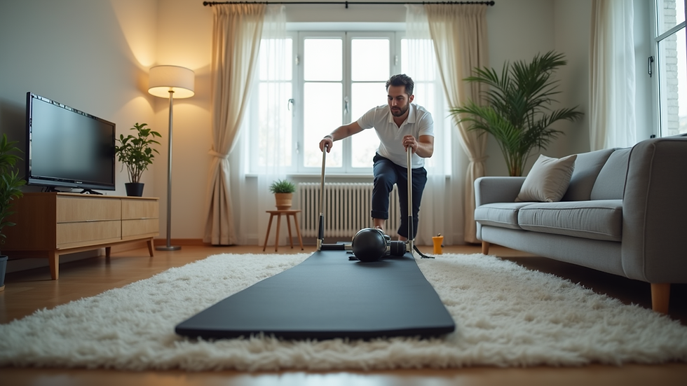 Eye-level view of a physiotherapist setting up exercise equipment in a living room