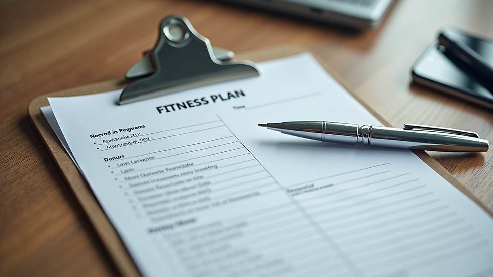 Close-up view of a personalised fitness plan on a clipboard with a pen