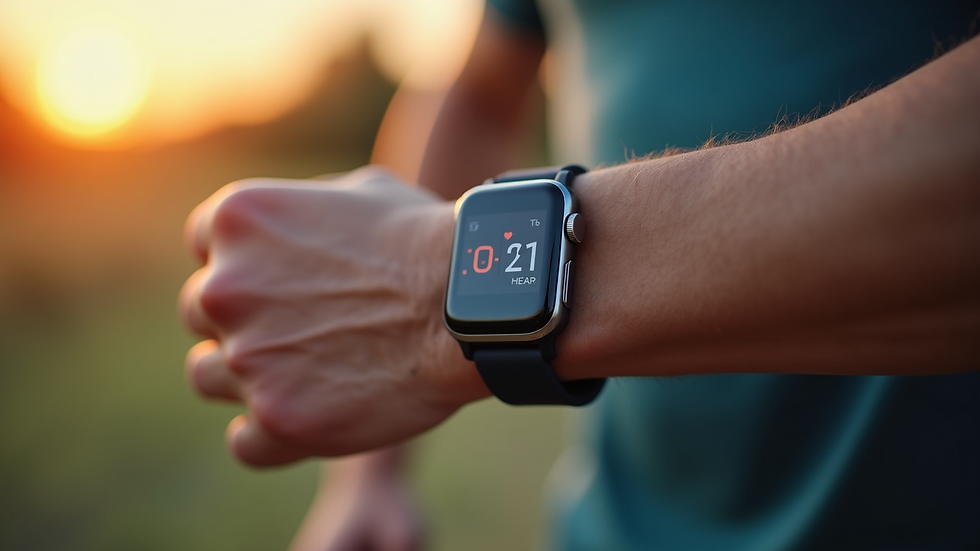 Close-up view of a fitness tracker displaying heart rate during exercise