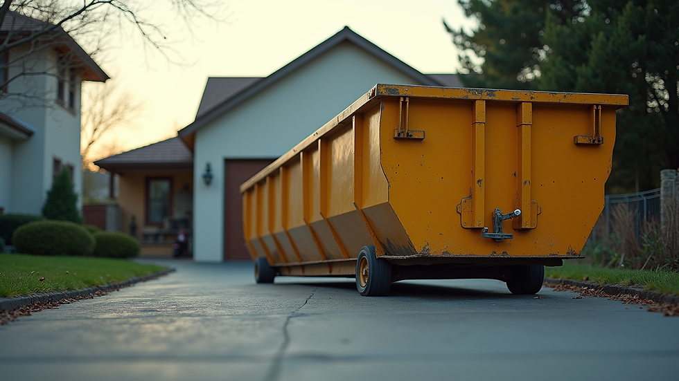 Eye-level view of a large roll-off dumpster on a residential driveway