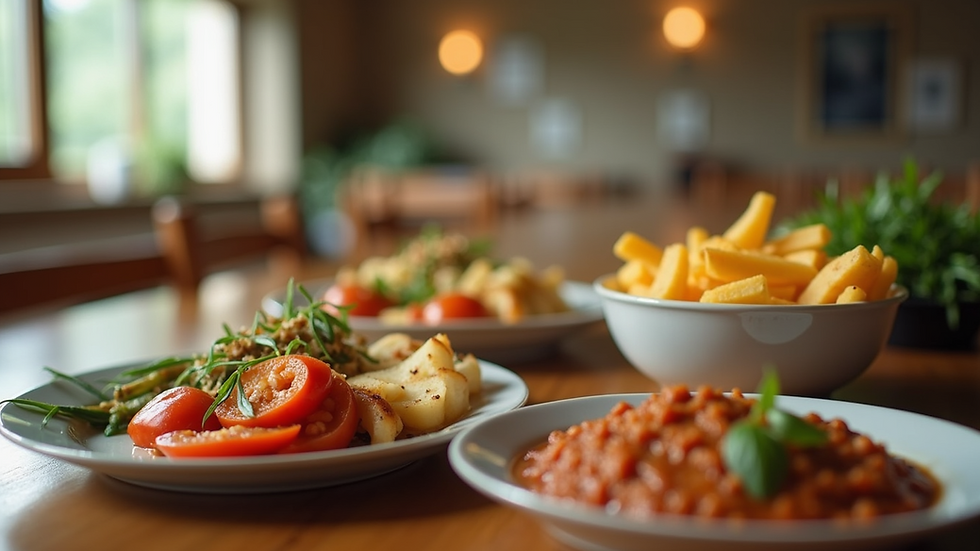 Close-up view of a warm meal served on a table in a community center